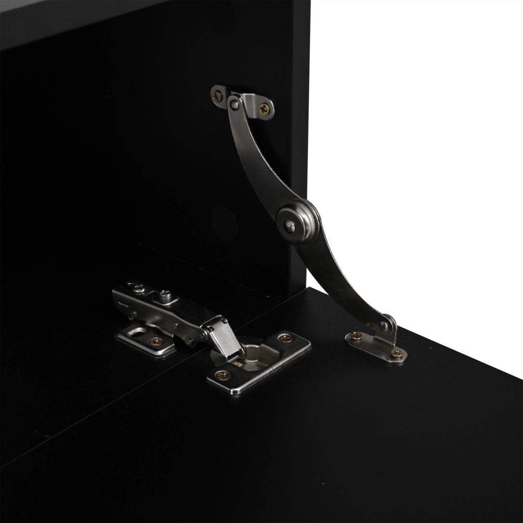 Mobile porta TV sospeso con LED, vani aperti e due ante, finitura lucida nera, 160 × 31 × 22 cm