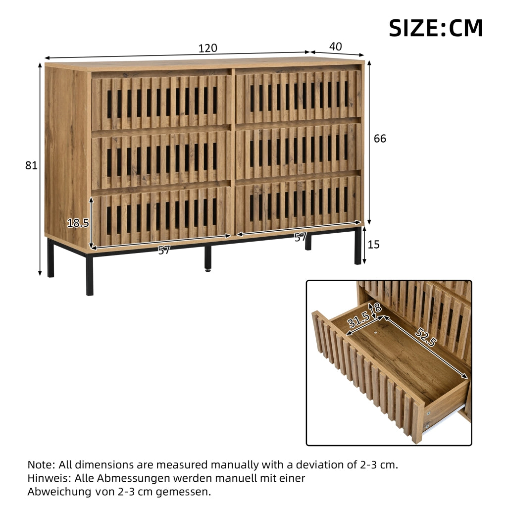 Credenza con 6 cassetti e 5 piedi con supporto centrale regolabile per soggiorno e camera da letto 120 × 40 × 81 cm