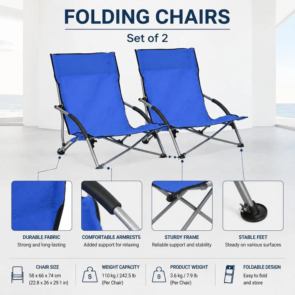 Folding Beach Chairs, 2 Pieces, Blue Fabric