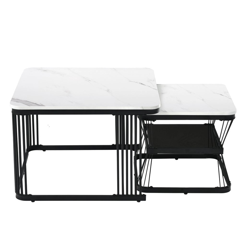 Set 2 Tavolini da Salotto ¨C Xylo ¨C MDF Effetto Marmo, Metallo Bianco Lucido e Nero
