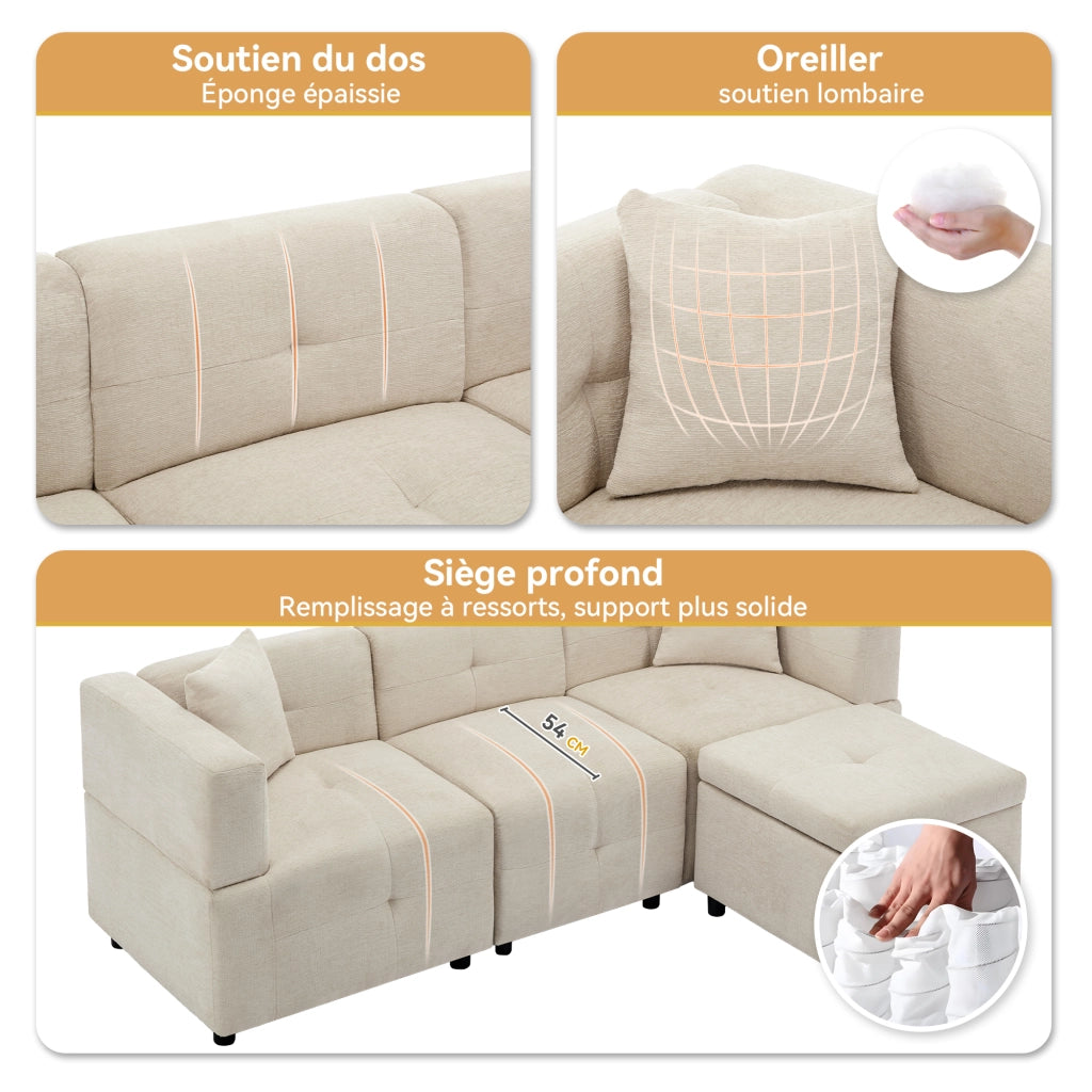 Divano Angolare 3 Posti Modulare con vano contenitore, Pouf rimovibile e 2 Cuscini, in Ciniglia Beige