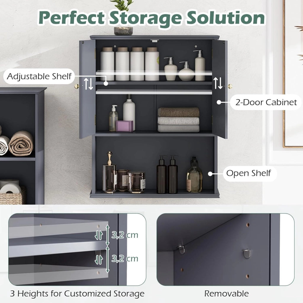Mobile da Bagno, Armadietto a 2 Ante con Ripiano Regolabile, Armadio da Parete con Mensola Semi-aperta per Asciugamani, Prodotti per la Cura della Pelle e Articoli da Bagno (Grigio)