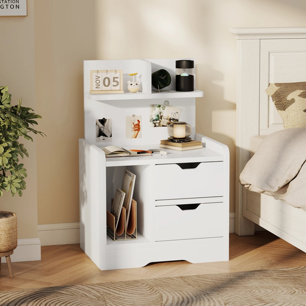 Comodino 40x30x60 cm con 2 Cassetti e Mensole Portaoggetti in Legno Bianco Lucido