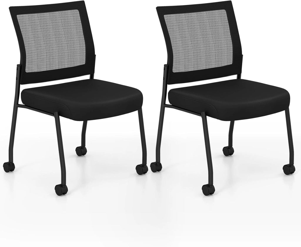Set di 2 sedie per conferenze impilabili, sedie per sala riunioni con ruote, schienale in rete, seduta imbottita, sedili per visitatori imbottiti per ufficio, sala d'attesa, colore: nero