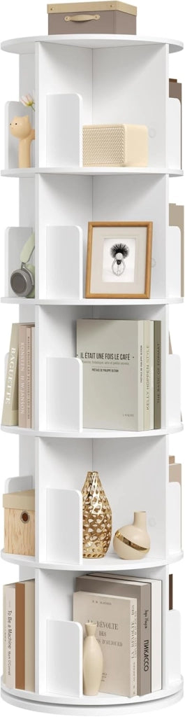 Libreria Girevole a 5 Livelli, Scaffale Angolare Rotante con 20 Scomparti, Organizer Autoportante per Soggiorno, Camera e Ufficio, in Legno Bianco