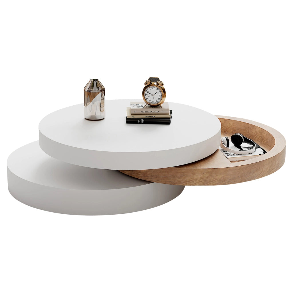Tavolino da caffè 60 x 60 x 35;1 cm girevole 360° con vano contenitore in MDF bianco e naturale