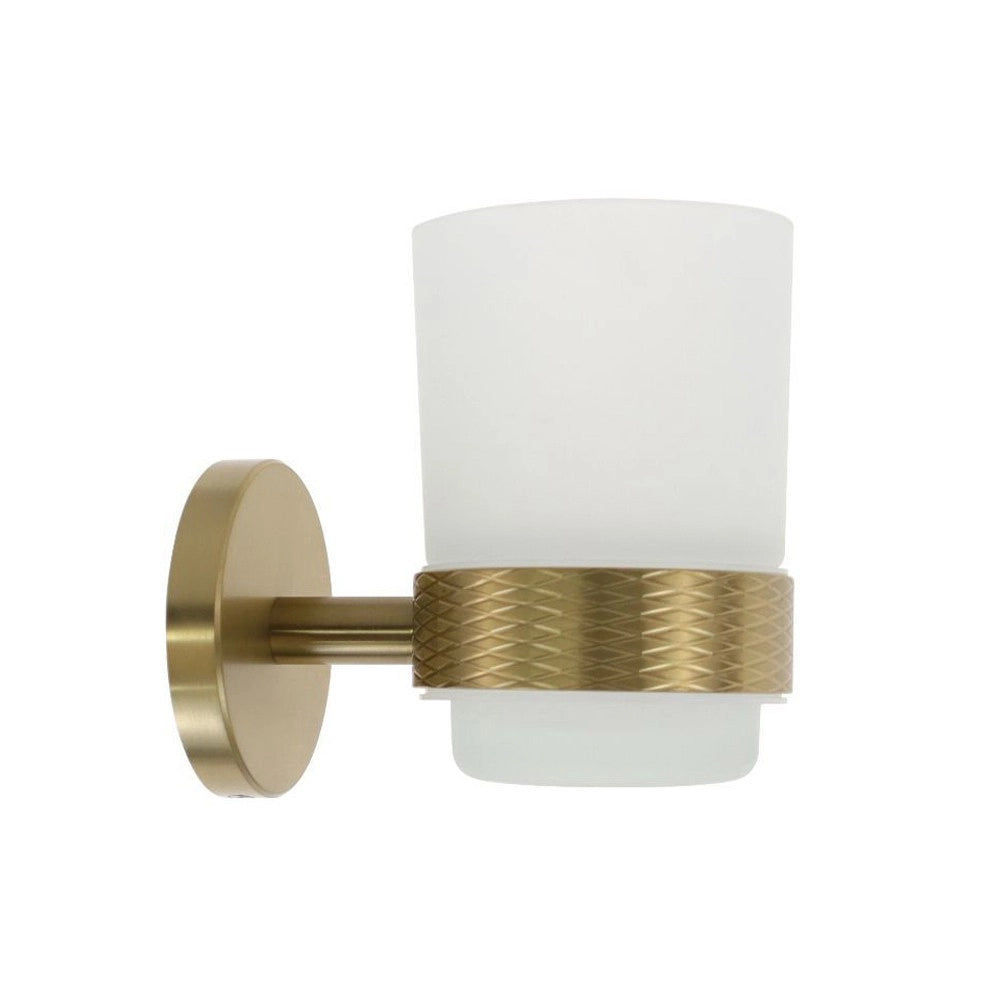 Trade Shop - Porta Spazzolini Da Denti In Acciaio Oro Con Bicchiere Vetro Satinato Bagno 87928 -