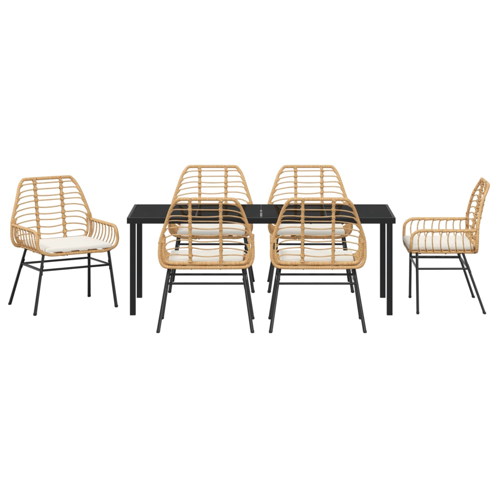 Set da Pranzo da Giardino 7 Pezzi con Cuscini Marrone Polyrattan