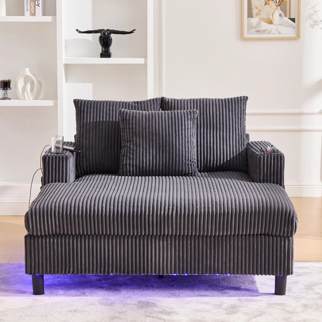 POLTRONA RELAX 142x128x85 cm in velluto a coste Grigio scuro con LED, USB e portabicchiere