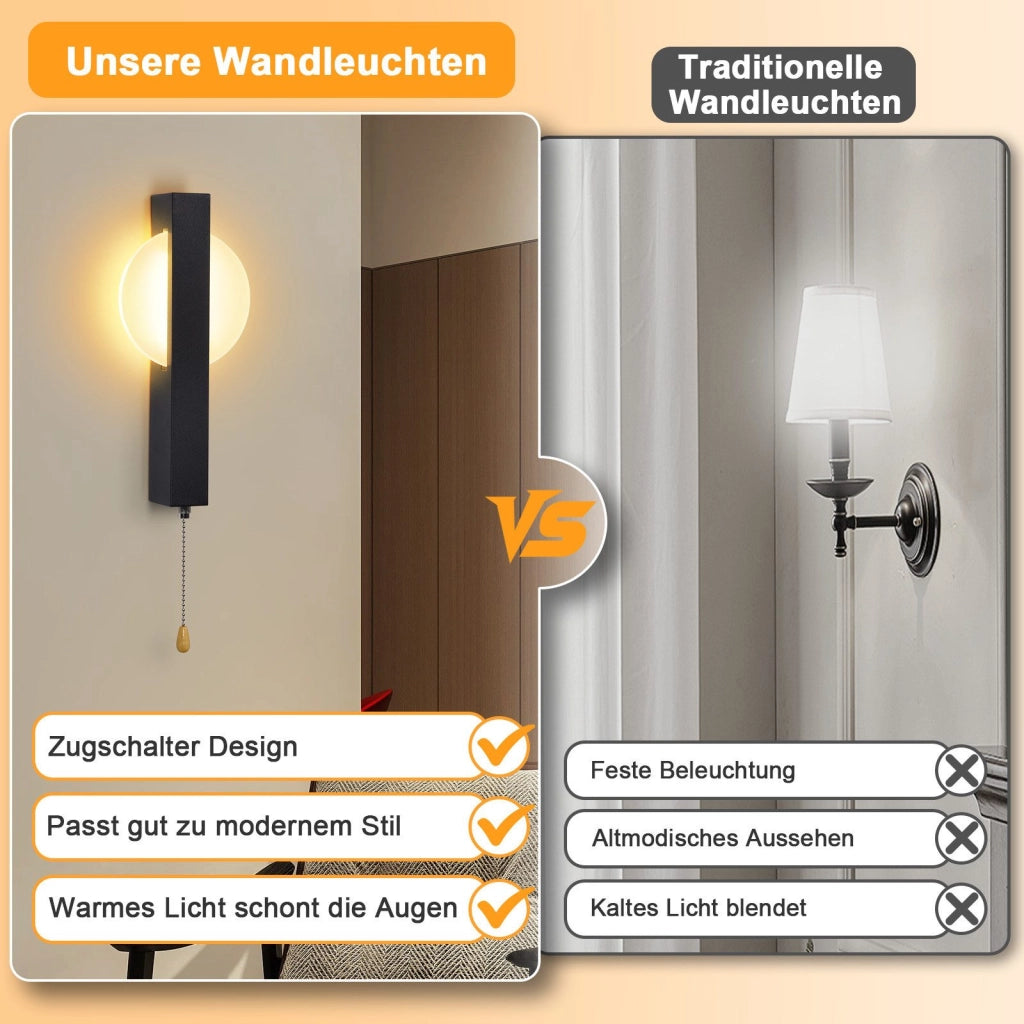 ZMH Applique da parete moderna a LED per interni nera con interruttore a tirante 3000K 6W