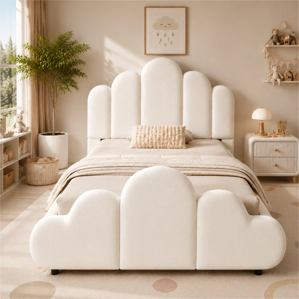 Letto imbottito per bambini con testiera e angoli arrotondati, 90x200 cm, velluto beige