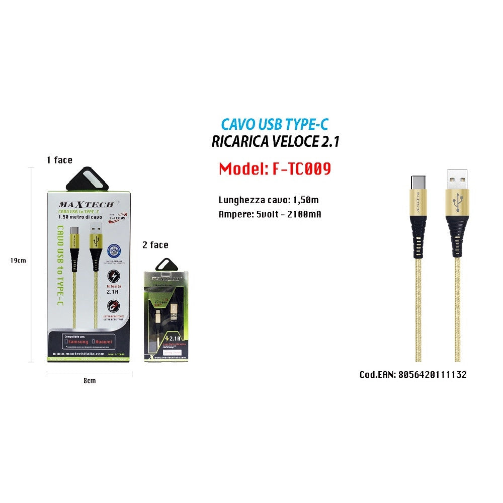 Trade Shop - Cavo Usb A Type C Dati Ricarica Per Samsung Huawei 1.5 Metri 3a Maxtech F-tc009 -