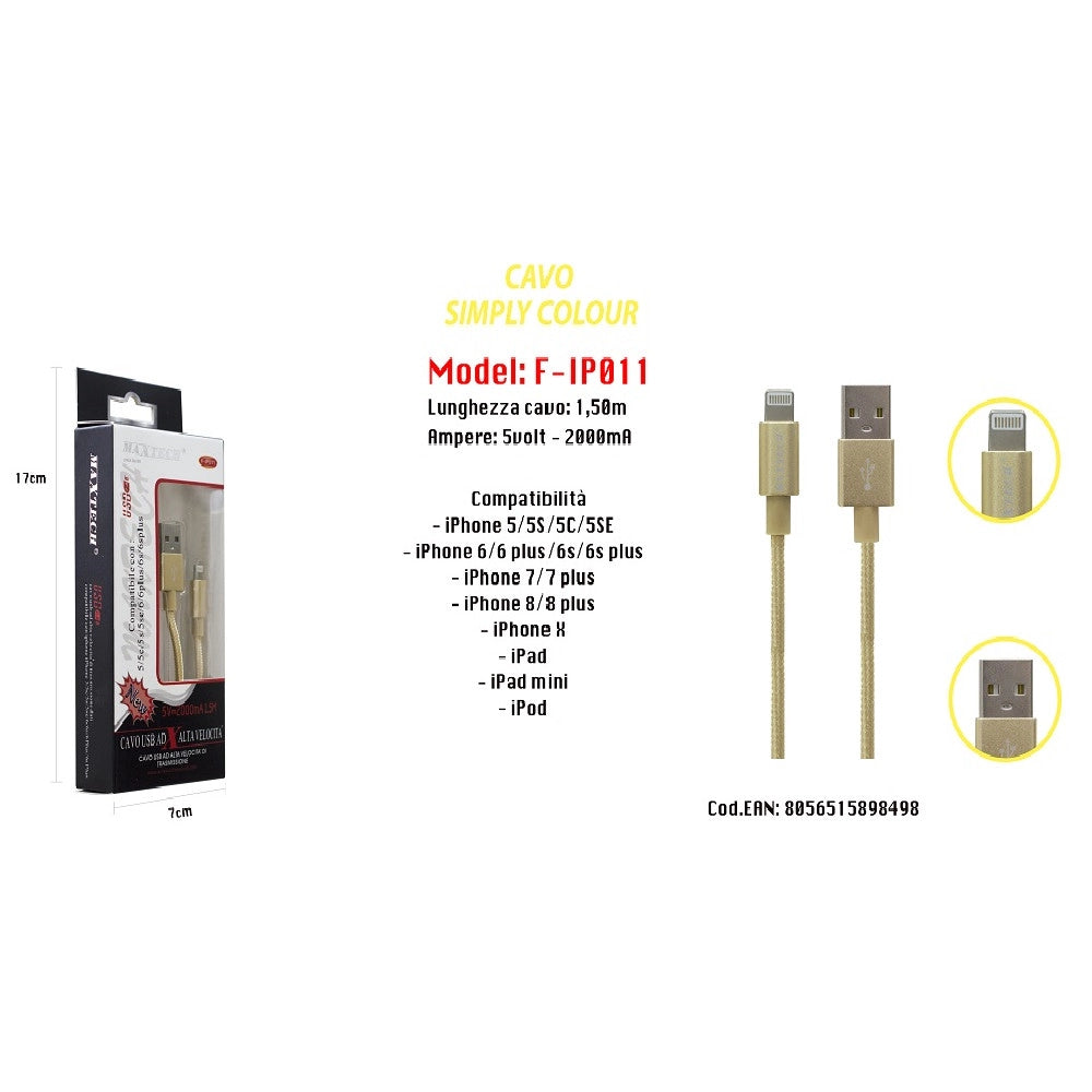 Trade Shop - Cavo Filo Usb Veloce Ricarica Per Iphone 5volt - 2000ma 1,50mt Maxtech F-ip011 -