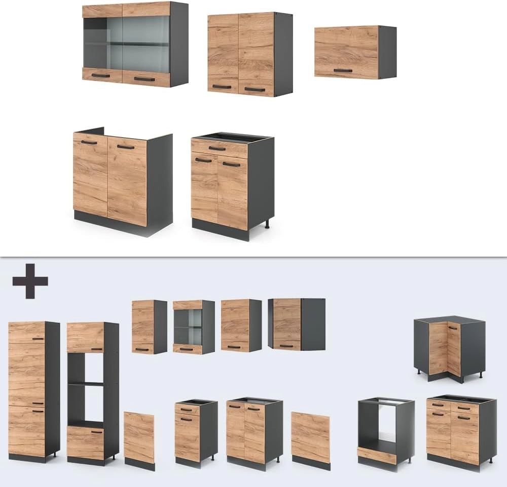 Cucina componibile R-Line, Quercia dorata/antracite, 200 cm, PL Antracite, adatto per l'espansione individuale con moduli aggiuntivi