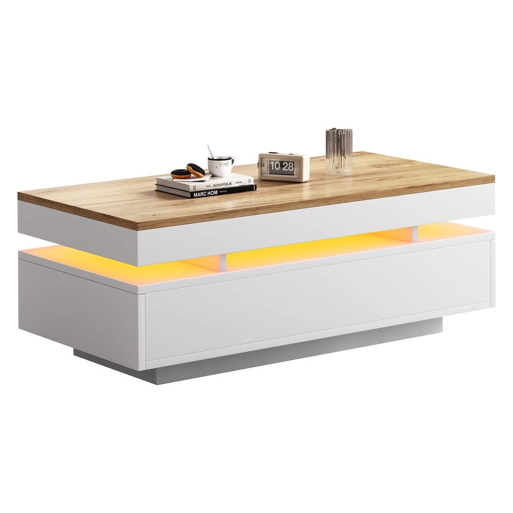 Tavolino da Caff¨¨ con 2 Cassetti e LED ¨C MINIMAL ¨C Bianco/Legno, 100x50x35