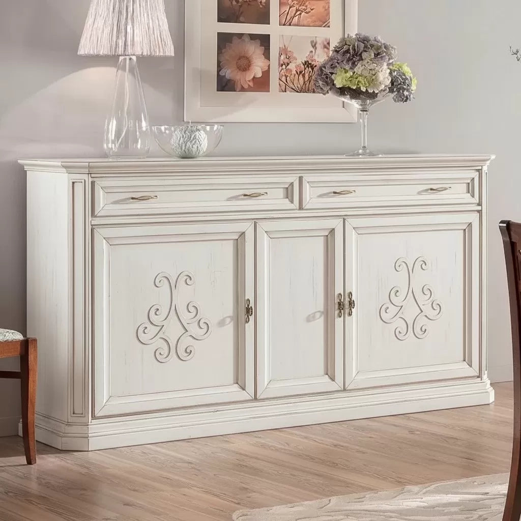 Credenza classica 3 porte 2 cassetti legno bianco anticato rilievo 196x50x110 - Mobili 2G