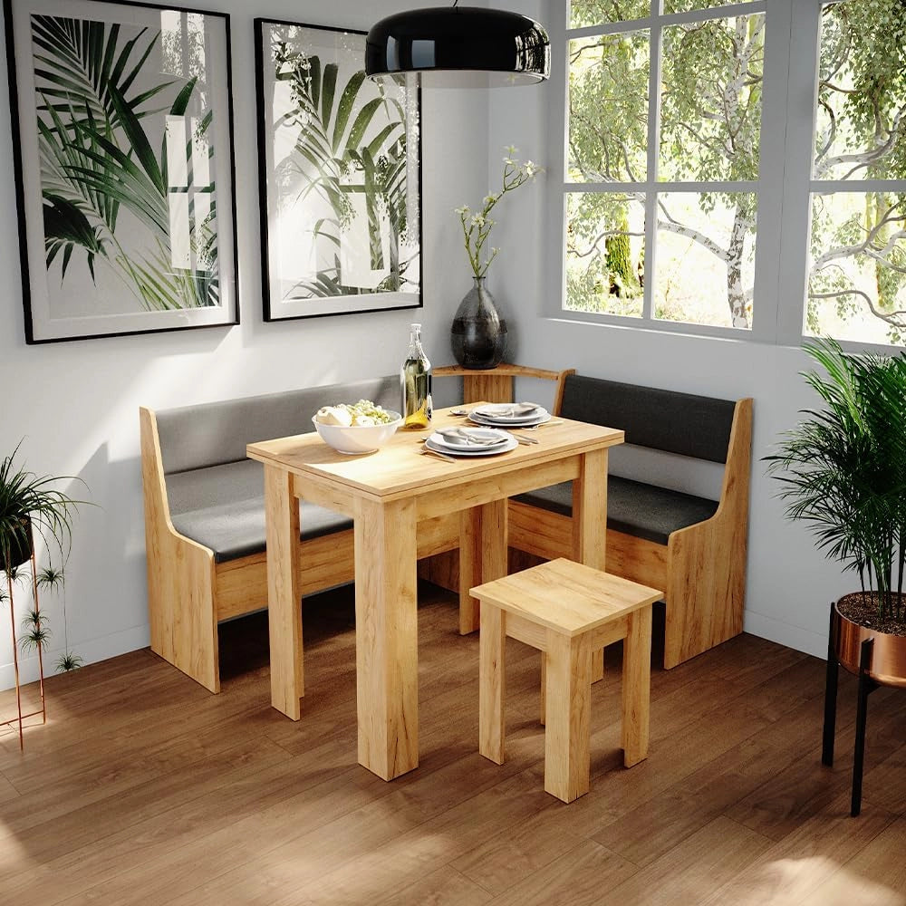 Gruppo panca ad angolo Roman, Quercia dorata, 150 x 120 cm con tavolo, adatto per il posizionamento ad angolo in cucine e sale da pranzo