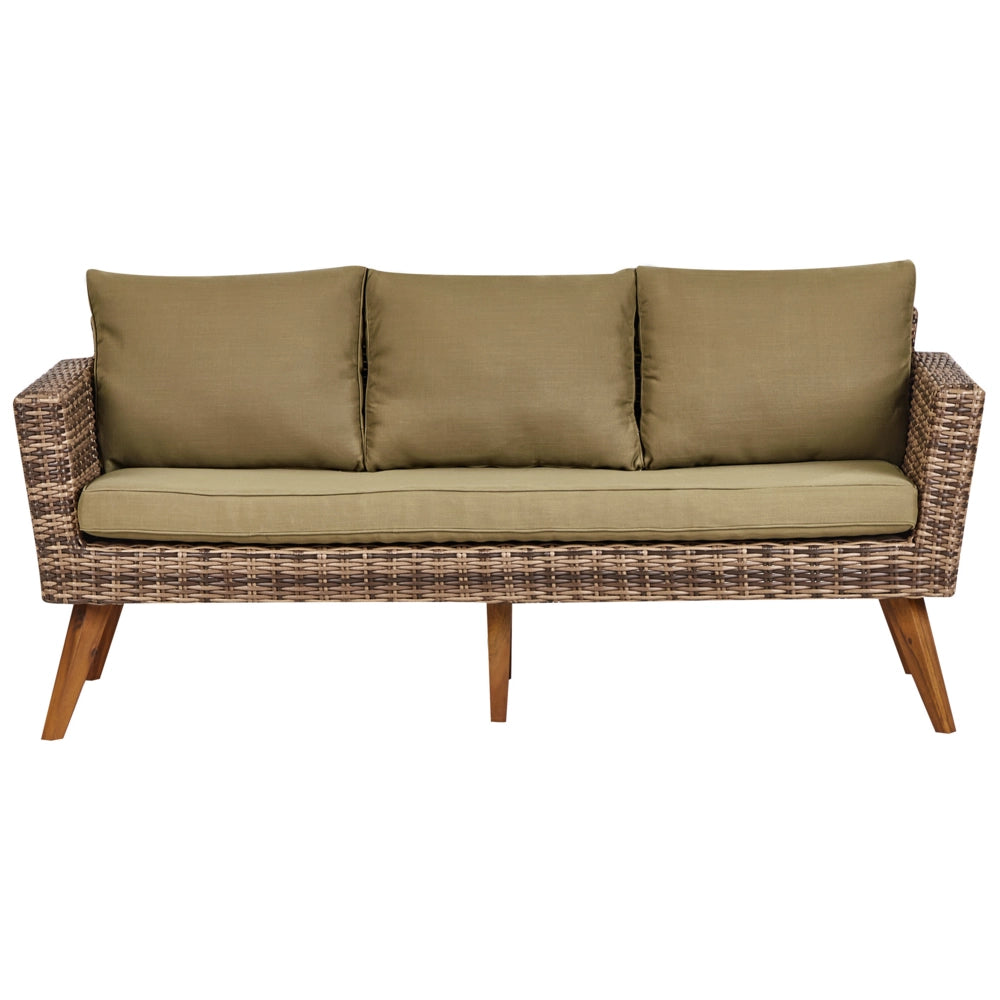 Set giardino in rattan verde oliva composto da divano 3 posti 2 poltrone tavolino esterno elegante