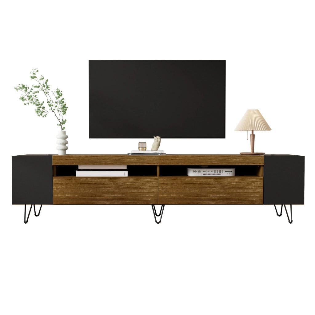 Mobile TV con 2 Ante e 4 Vani Aperti; Passacavi; Piedini in Ferro; Stile Moderno; in MDF e PB; Nero e Legno; 180??36??43 cm
