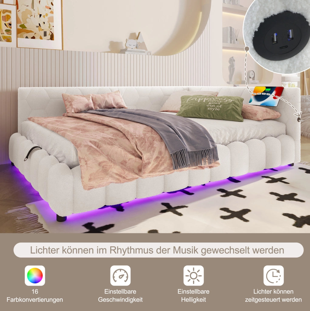 Letto singolo 90x200 cm con contenitore, LED, USB e Type-C