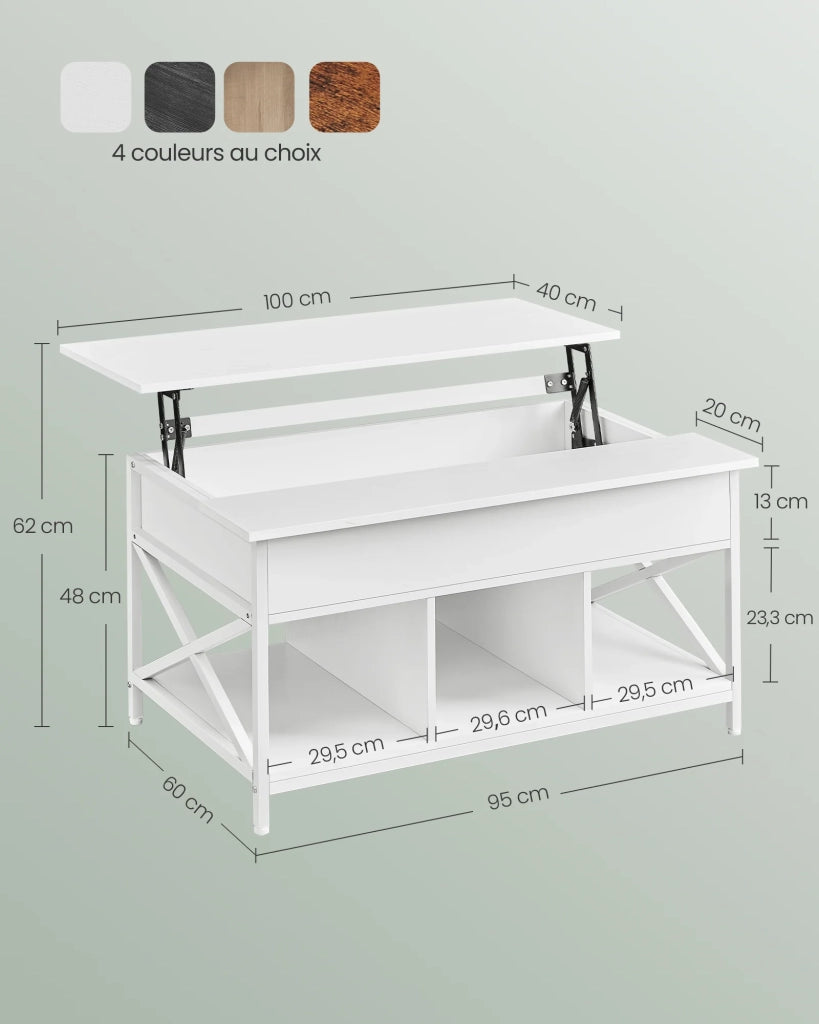 Tavolino da caffè/tavolo da soggiorno con piano sollevabile vano portaoggetti aperto e scomparto nascosto 60 x 100 cm bianco 12_0007472