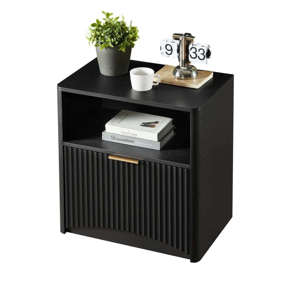 Comodino 58 x 38 x 60 cm nero in truciolato e metallo con vano e cassetto