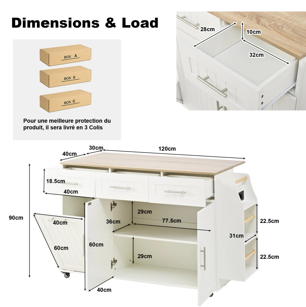 Carrello cucina 120x40(70)x90 cm con piano pieghevole; cassetto e ruote in MDF bianco