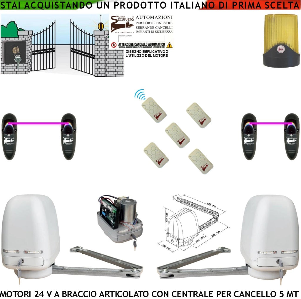 Cancello Automatico Kit Motori a Braccio Articolato 24 V 2 Ante da 0,5 a 2,5 MT Centrale 220/24 V Selettore 5 Radiocomandi Faro 2 Coppie Fotocellule