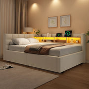 Letto contenitore 90x200 cm con LED dimmerabile; testiera con ripiano e prese USB; rivestimento in lino; beige