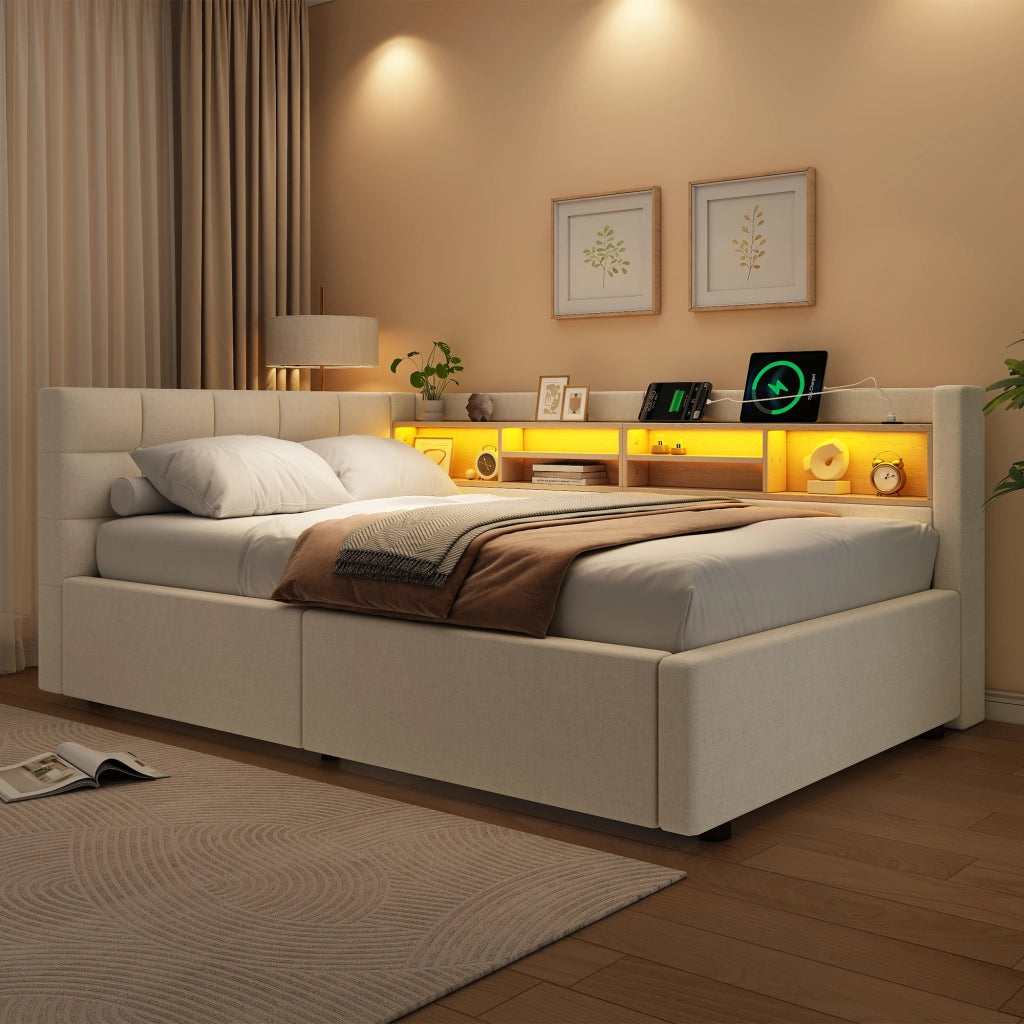 Letto contenitore 90x200 cm con LED dimmerabile; testiera con ripiano e prese USB; rivestimento in lino; beige