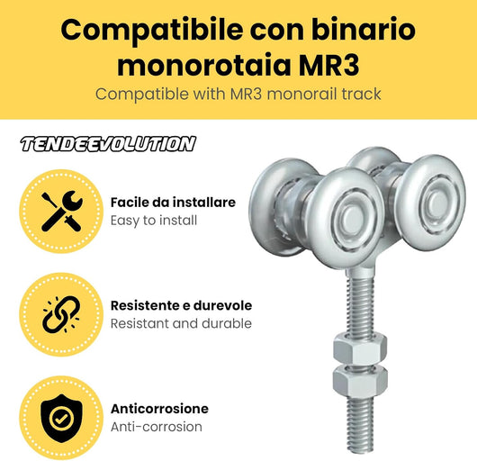Carrello Regolabile a 4 Cuscinetti M8 in Acciaio Zincato per Binario Monorotaia MR3 - Ruote Ø24mm - Corona di Sfere Completa - Robusto & Affidabile