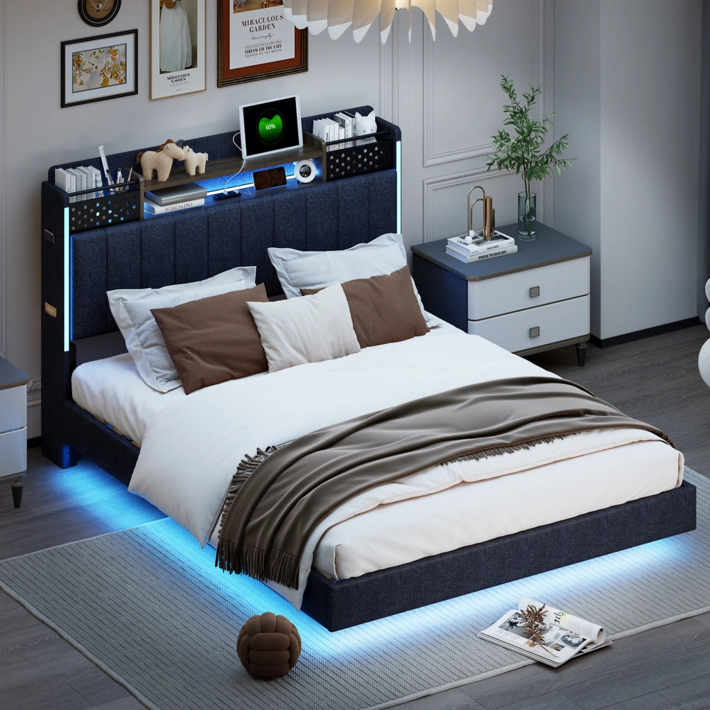 Letto imbottito 140x200 cm con LED; USB e vano contenitore nella testiera; lino grigio