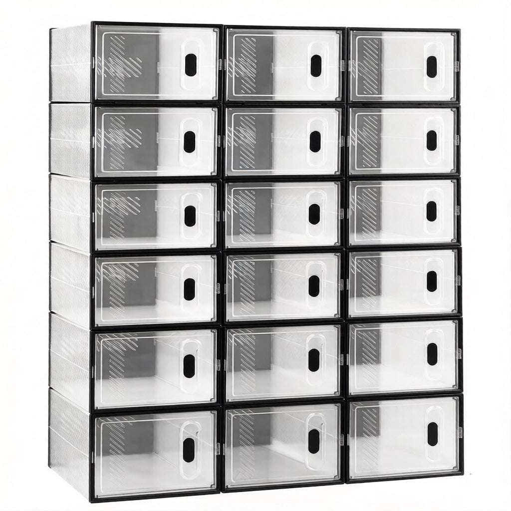 Set di 18 scatole porta scarpe impilabili in plastica trasparente e nera, 20 kg