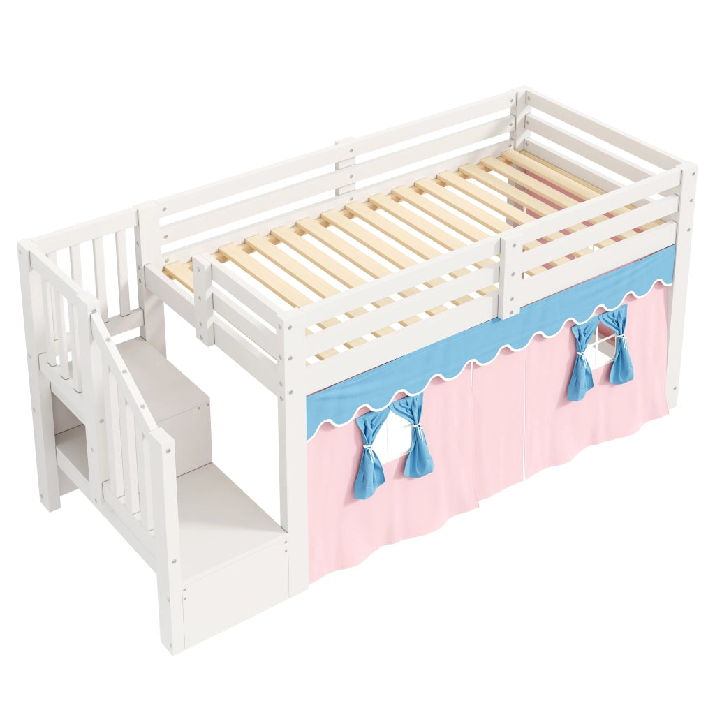 Letto a soppalco singolo 90×200 cm con tende oscuranti; LED regolabile; ripiani; senza materasso; bianco