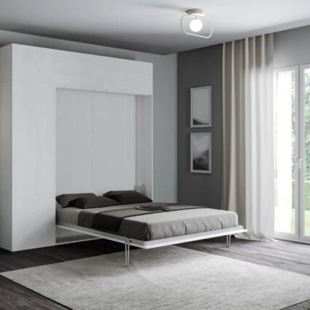Letto matrimoniale a scomparsa 160 Kentaro con mobili bianco frassino