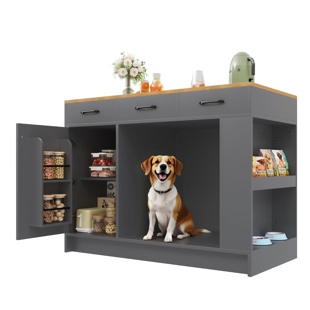 Carrello da Cucina con 3 Cassetti; Portaspezie; Ripiano Regolabile e Vano per Animale; in MDF; 120x60x90 cm; Grigio e Naturale