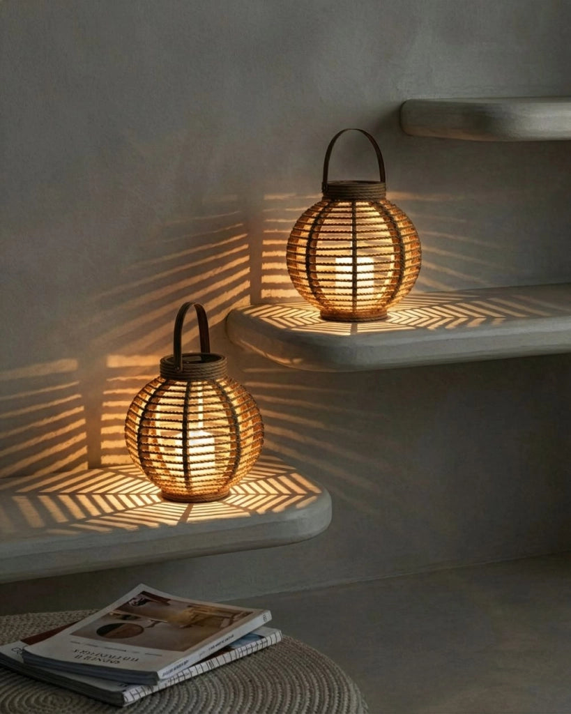 Set da giardino di 2 lanterne in canapa naturale con illuminazione a LED e pannello solare a basso consumo energetico in stile boho