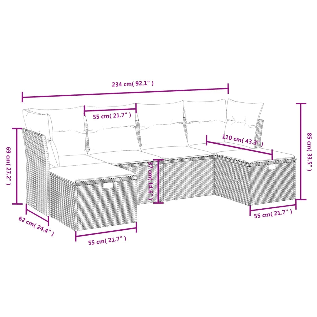 Set Divano da Giardino 6 pz con Cuscini Beige Misto Polyrattan