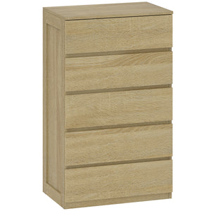 Cassettiera 5 Cassetti 60x39x100 cm in Legno con Guide in Metallo e Maniglie Scanalate color Faggio