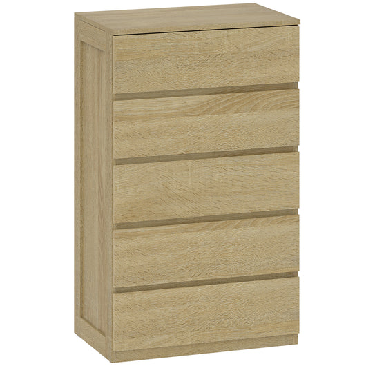 Cassettiera 5 Cassetti 60x39x100 cm in Legno con Guide in Metallo e Maniglie Scanalate color Faggio