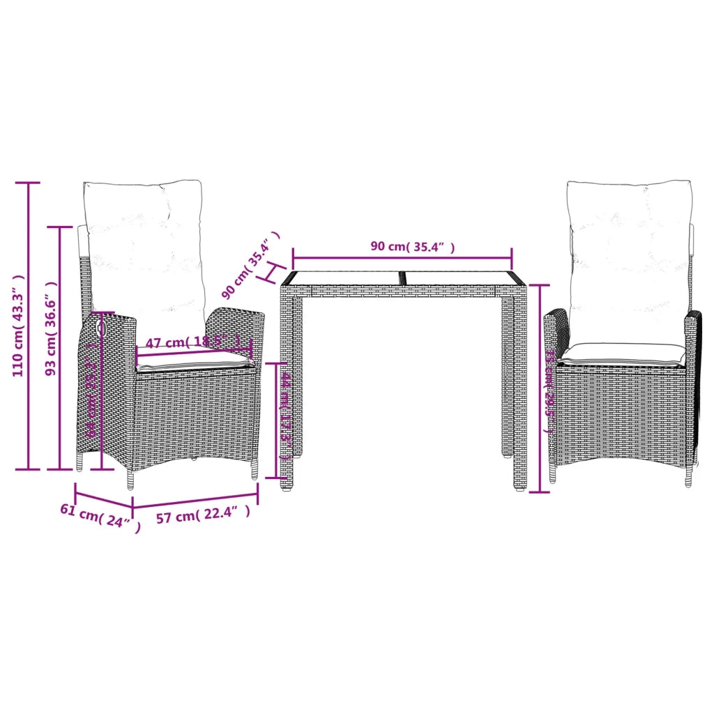 Set da Pranzo da Giardino 3 pz | Set Salotto da Giardino con Cuscini Nero in Polyrattan