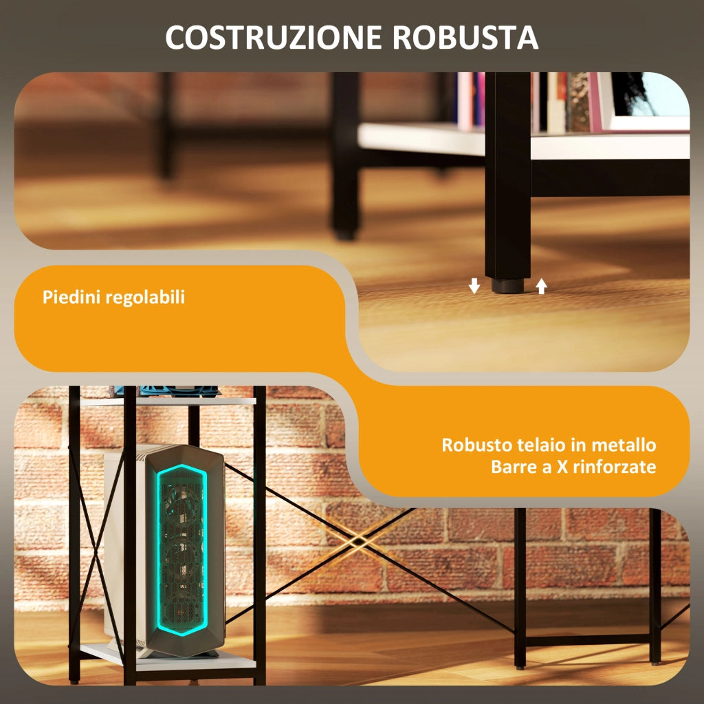 Scrivania Angolare con Presa Elettrica e USB, Scaffale e Supporto per Monitor, Bianco e Nero
