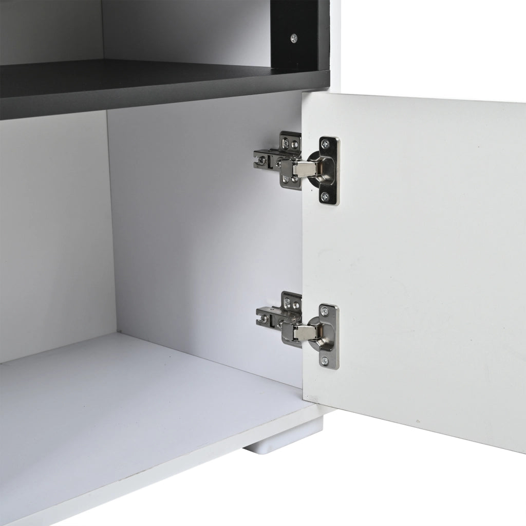 Mobile porta TV con LED, 2 ante e vani aperti, finitura lucida, per piccoli soggiorni, bianco, 150 × 35 × 50 cm