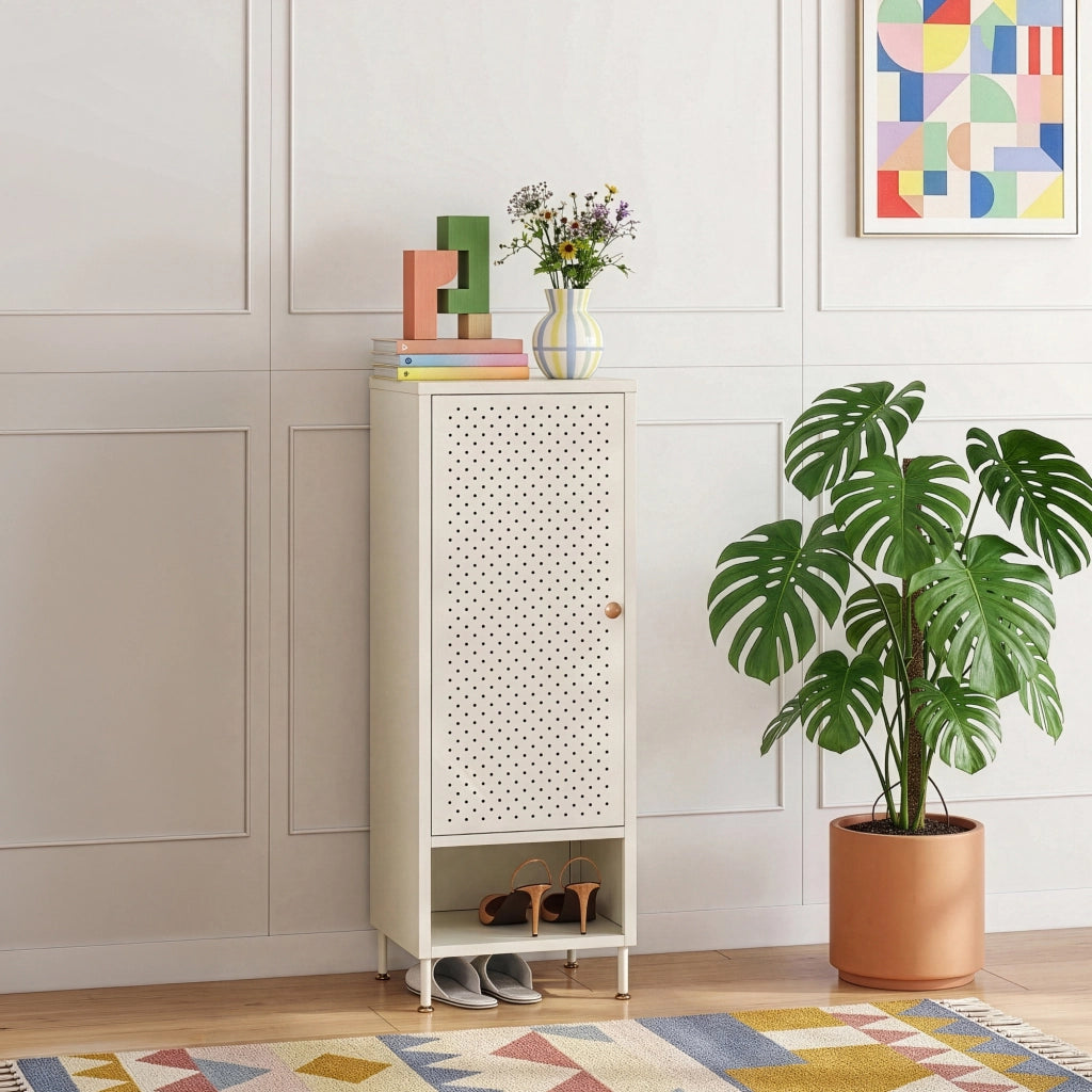 Scarpiera Coleraine con Anta 3 Ripiani Regolabili e Scomparto Aperto 115 x 43 x 35 - Acciaio Bianco Crema [en.casa]