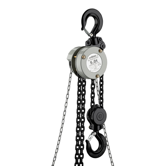 Mini paranco a catena manuale VSK-5, capacità di carico 5 t, altezza di sollevamento 5 m, per sollevare e abbassare carichi pesanti in officine, magazzini e cantieri, per impieghi gravosi