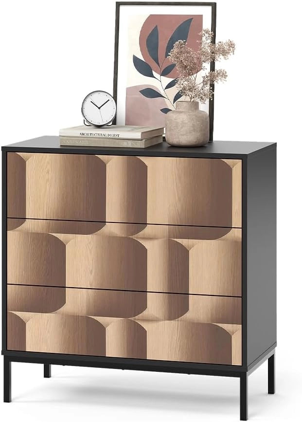 Cassettiera Eliza, Nero/quercia, 80 x 81.2 cm con 3 cassetti, per la conservazione e l’organizzazione in soggiorno o camera da letto