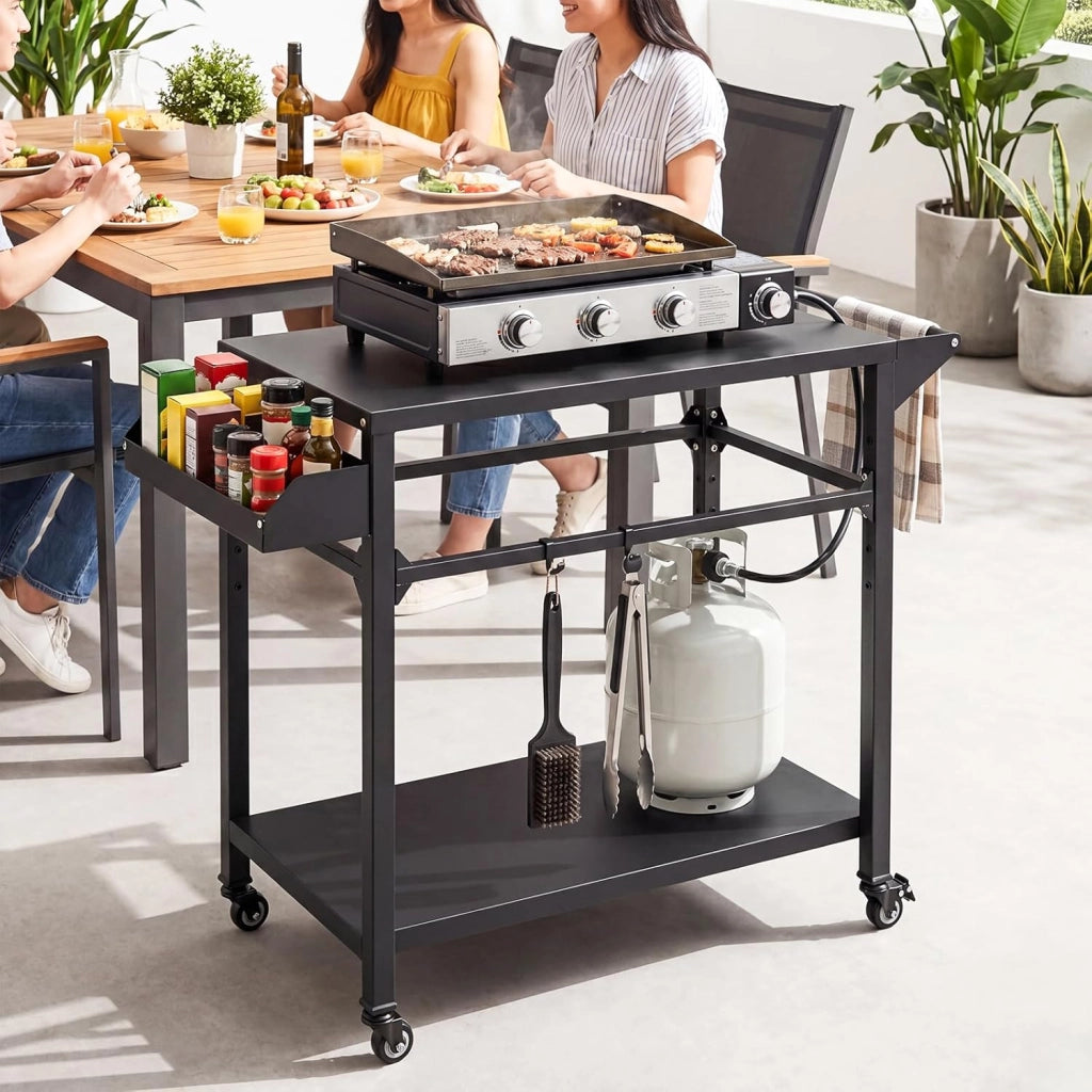 Carrello per Barbecue con 4 Ruote, Carrello Cucina da Esterno per BBQ in Metallo con Portaspezie, Portasciugamani e Ripiano Portaoggetti Inferiore, per Giardino e Terrazza, 100 x 80 x 45 cm