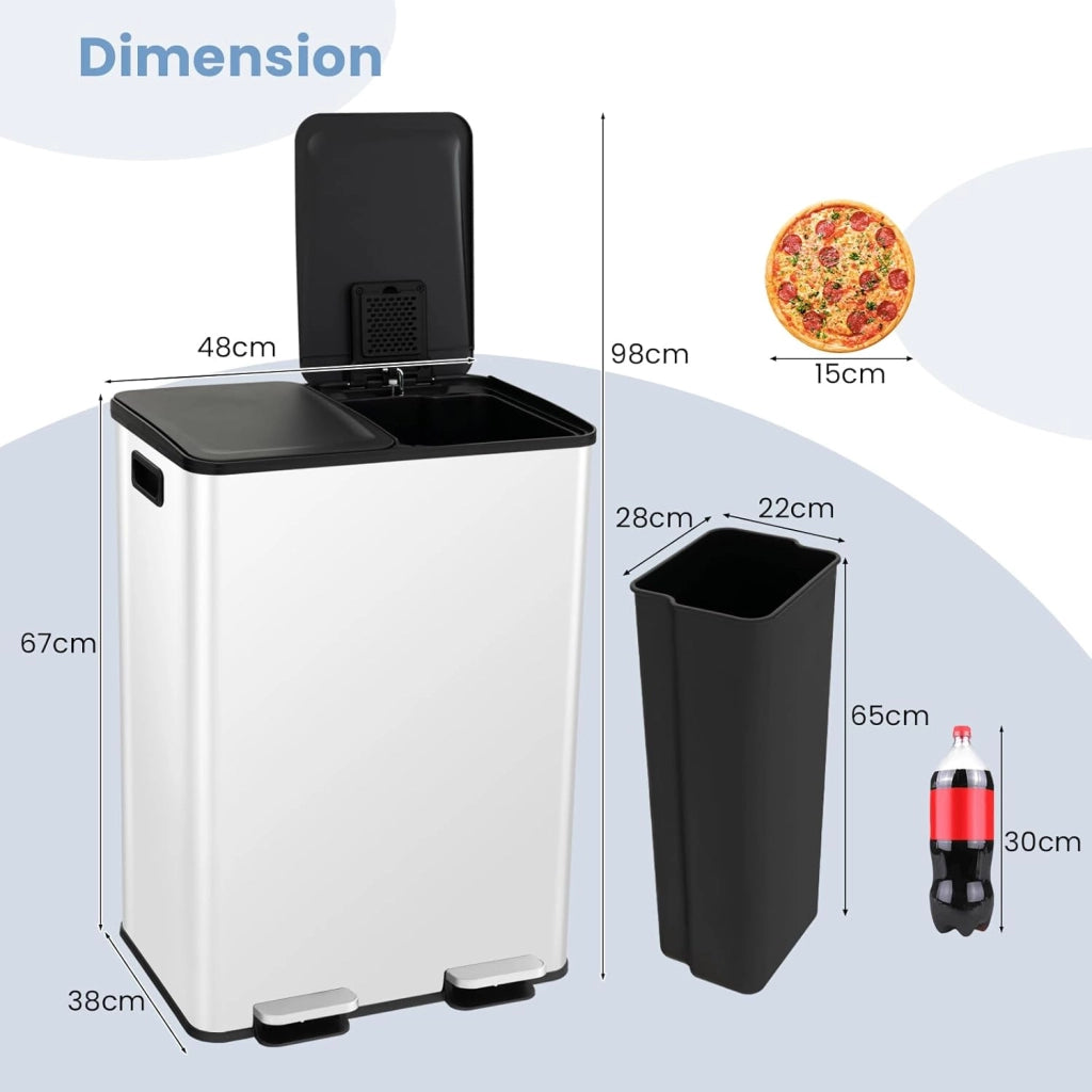 Pattumiera a Doppio Scomparto, 2 x 30 L, in Acciaio Inossidabile, Pattumiera a Pedale, Scatola Deodorante, Coperchio Liscio e Silenzioso, 2 Secchi Rimovibili, Pattumiera Riciclaggio Cucina