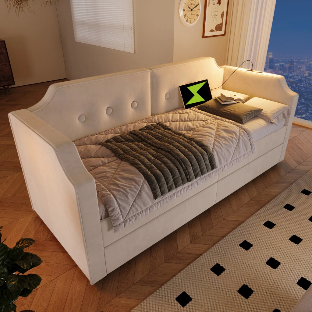Letto singolo imbottito 90x200 beige con USB-C e cassetti