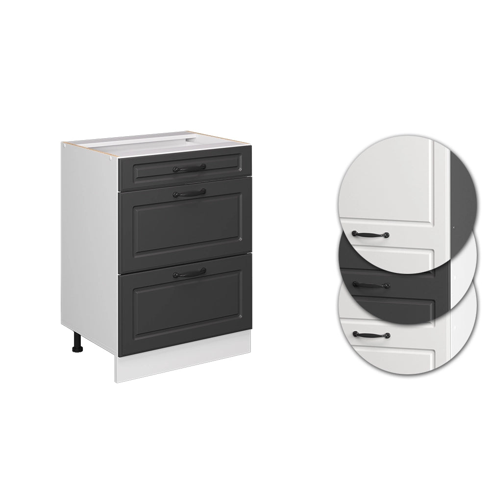 Mobiletto base per cucina R-Line Antracite rustico/Bianco 60 cm con cassetti, senza piano di lavoro Vicco